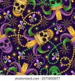 Seamless Mardi Gras pattern with human skull in jester hat, interlaced strings of beads, Fleur de Lis sign, stars. Randomly scattered objects. Festive holiday design. Vintage style