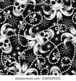 Seamless Mardi Gras pattern with human skull in jester hat, interlaced strings of beads, Fleur de Lis sign, stars. Randomly scattered objects. Festive holiday design. Vintage style