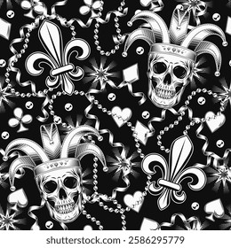 Seamless Mardi Gras pattern with human skull in jester hat, beads, streamer ribbons, card suits icons, trinket, Fleur de Lis sign. Randomly scattered objects. Festive holiday design. Vintage style