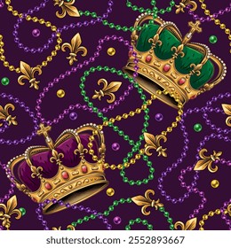 Seamless Mardi Gras pattern with imperial crown, randomly scattered Fleur de Lis sign, beads, interlaced strings of beads on dark purple background. Vintage illustration for holiday, party design