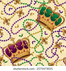 Seamless Mardi Gras pattern with imperial crown, randomly scattered Fleur de Lis sign, confetti, interlaced strings of beads on white background. Vintage style.