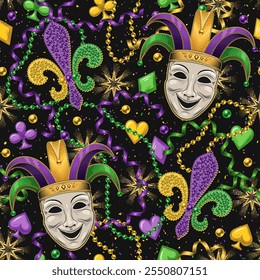 Seamless Mardi Gras pattern with Jester face mask, beads, streamer ribbons, card suits icons, trinket, Fleur de Lis sign. Randomly scattered objects. Festive holiday design. Vintage style