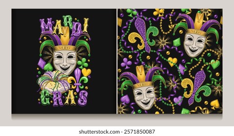 Seamless Mardi Gras pattern with Jester face mask, beads, card suits icons, trinket, Fleur de Lis sign. Emblem with comedy face mask in harlequin hat., festival food king cake, text