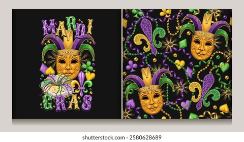 Seamless Mardi Gras pattern with Jester venetian mask, beads, card suits icons, trinket, Fleur de Lis sign. Composition with golden jester mask in harlequin hat, festival food king cake, text