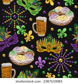 Patrón de Mardi Gras impecable con pastel rey, vaso lleno de cerveza, perlas, máscaras, baratija, cartel de Flor de Lis. Diseño festivo. Ilustración vintage para impresiones, ropa, diseño superficial. No IA