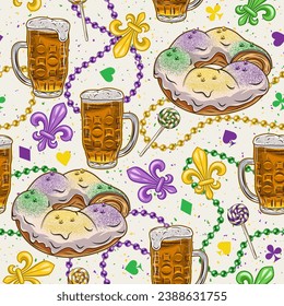 Patrón de Mardi Gras impecable con pastel rey, vaso lleno de cerveza, cuerda de cuentas, trinket, cartel de Fleur de Lis, carteles de traje de tarjeta. Diseño festivo. Ilustración vintage para impresiones, ropa. No IA