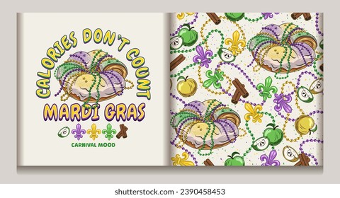 Seamless Mardi Gras pattern, label with traditional king cake, cinnamon, apples, string of beads, Fleur de Lis sign, text. Festive holiday design. Vintage illustration for prints, clothing. Not AI