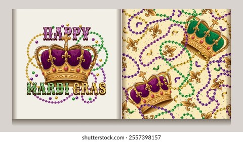 Seamless Mardi Gras pattern, label with imperial crown, randomly scattered Fleur de Lis sign, confetti, interlaced strings of beads, text. White background. Vintage style.