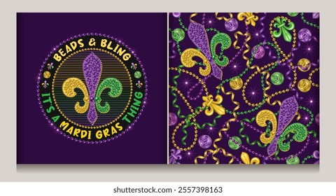 Seamless Mardi Gras pattern, label with strings of beads, streamer ribbons, coins, trinket, Fleur de Lis sign. Randomly scattered objects. Text Beads Bling Mardi Gras thing