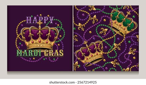 Seamless Mardi Gras pattern, label with imperial crown, randomly scattered Fleur de Lis sign, confetti, interlaced strings of beads, text. Dark background. Vintage style.