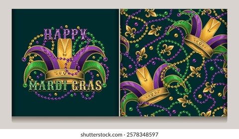 Seamless Mardi Gras pattern, label with jester harlequin hat, randomly scattered Fleur de Lis sign, beads, interlaced strings of beads on dark green background. Vintage style