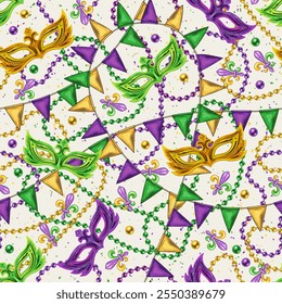 Seamless Mardi Gras pattern with masks, scattered trinket, pennant garland, strings of beads on white background. Vintage illustration for prints, party decoration