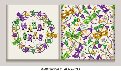 Seamless Mardi Gras pattern with masks, scattered trinket, pennant garland, strings of beads on white background. Circular holiday composition with strings of beads, pennant garland, text