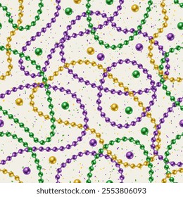 Seamless Mardi Gras pattern with randomly scattered beads, interlaced strings beads on white textured background. Wavy lines. Vintage style.