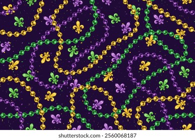 Seamless Mardi Gras pattern with randomly scattered Fleur de Lis sign, strings beads on dark spotted textured background. Wavy lines. Vintage style.