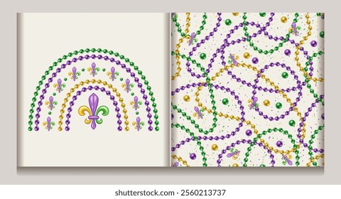 Seamless Mardi Gras pattern with randomly scattered beads, interlaced strings beads on white textured background. Rainbow shaped composition made with bead strings, Fleur de Lis sign.