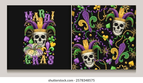 Seamless Mardi Gras pattern with skull in jester hat, beads, streamer ribbons, card suits icons, trinket, Fleur de Lis sign. Emblem with harlequin skull, traditional festival food king cake, text