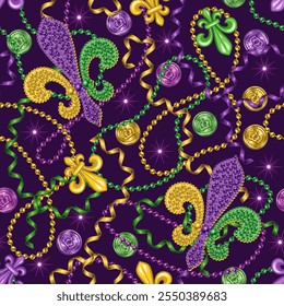 Seamless Mardi Gras pattern with strings of beads, streamer ribbons, coins, trinket, Fleur de Lis sign. Randomly scattered objects. Festive holiday design. Vintage style