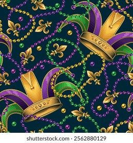 Seamless Mardi Gras pattern with tall top hat with belt, bunch of colorful feathers, randomly scattered Fleur de Lis sign, beads, interlaced strings of beads on dark green background. Vintage style