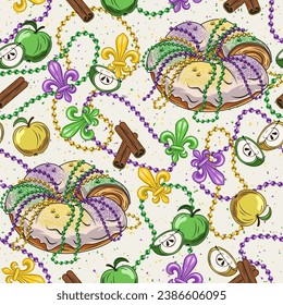 Seamless Mardi Gras pattern with traditional king cake, cinnamon, apples, string of beads, Fleur de Lis sign. Festive holiday design. Vintage illustration for prints, clothing, surface design. Not AI