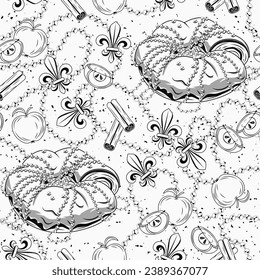 Seamless Mardi Gras pattern with traditional king cake, cinnamon, apples, string of beads, Fleur de Lis sign. Festive holiday design. Vintage illustration for prints, clothing, surface design. Not AI