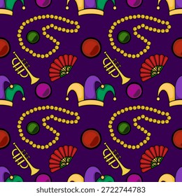 Seamless Mardi Gras vector pattern featuring jesters' hats, bead necklaces, trumpets, and fans on a purple background.