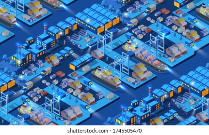 The seamless marina port embankment ship boat factories, warehouses industry night, neon, purple 3D of urban isometric buildings. Conceptual residential town illustration of vector design graphics.