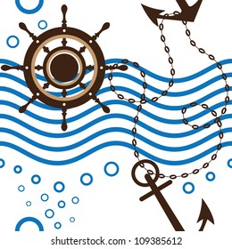 Seamless marine, anchor, marine rudder, wave, vector illustration