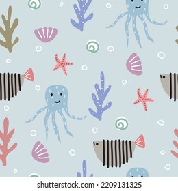 Seamless marine animal pattern featuring octopus, starfish, fish, shellfish, coral and scallops.Vector illustration suitable for wallpaper, textiles and prints.