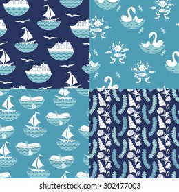 Seamless marine and aquatic patterns with bird, yacht, ship, rubber boat and algae. The set of patterns in blue and white colors.