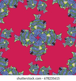 Seamless marine background. Cute fabric texture on colored background. Luxury drawn pattern with fishes.