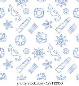 Seamless marine background: funny cartoon shapes set