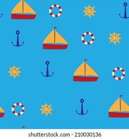Seamless marine background with lifebuoy, anchor,sailboat and steering wheel