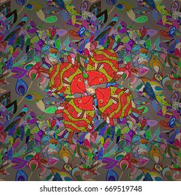 Seamless marine background. Vector illustration. Ocean fish on colored background. Cute fabric texture. Decorative drawn pattern with fishes.