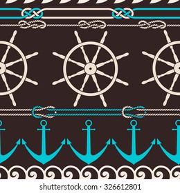 Seamless marine background with waves, knots and anchors