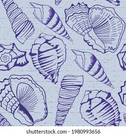 Seamless marine blue   sea shell pattern. Vector clipart. Use for wallpaper, pattern fill textile design.