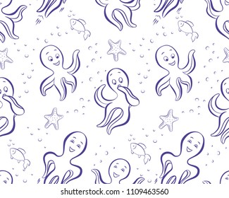 Seamless marine cartoon pattern with sea animals
