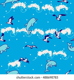Seamless marine cartoon pattern with seagulls, dolphins and waves.