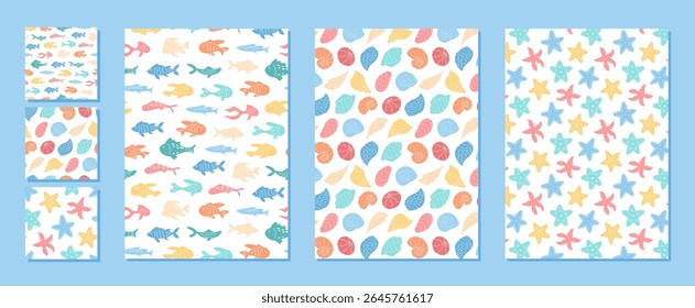 Seamless marine cartoon pattern set. Underwater fish, ocean starfish, and shells form aquatic background. Flat style design under sea, summer themes, versatile for marine projects and decorative