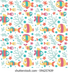 Seamless marine cute pattern with fishes, algae, starfish, coral, seabed, bubble