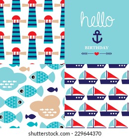 Seamless marine deep sea fish and lighthouse background pattern and hello birthday harbor theme postcard cover design in vector
