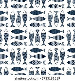 Patrón de dibujo de peces marinos sin fisuras. Fondo de animales marinos para la decoración del Fondo de pantalla, Anuncios, papel de regalo, mariscos. Ilustración vectorial