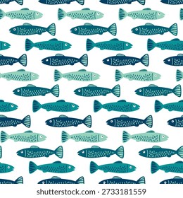 Seamless marine fish drawing pattern. Sea animal background for wallpaper decoration, banners, wrapping paper, seafood restaurant. Vector illustration