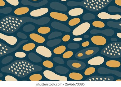 Seamless Marine inspired design featuring gold, cream, and dark blue spots with organic triggerfish shapes.