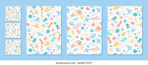 Seamless marine life pattern with aquatic creatures in flat cartoon graphic style set. Underwater sea and ocean elements include fish, coral, and jellyfish. Perfect decorative set for marine