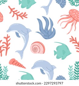 Seamless Marine Life Pattern. Cute ocean background for ocean themes, beach fabrics, summer textiles. Flat vector illustration