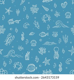 Seamless marine life pattern with hand drawn sea animals, waves, corals, shells, fish and underwater elements on blue background for summer and ocean designs
