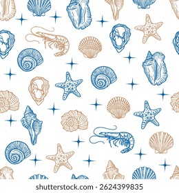 Padrão de vida marinha sem emenda com conchas, estrelas-do-mar e camarão. Ilustração de vetor desenhada à mão