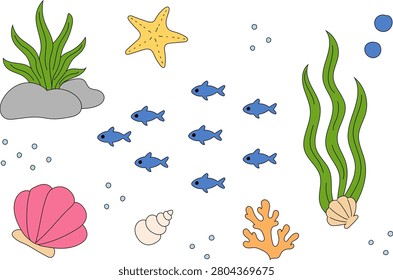 Seamless marine life pattern with seaweed, shells, starfish, fish, coral, rocks, bubbles, in flat colorful style for surface design, textile, nursery decor, packaging