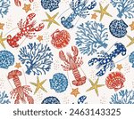 Seamless Marine Life Pattern Vector Lobsters Corals Seaweed Coral Shells, star fish Seamless pattern Vector Illustration Design for fashion , fabric, textile, wallpaper , wrapping and all prints 
